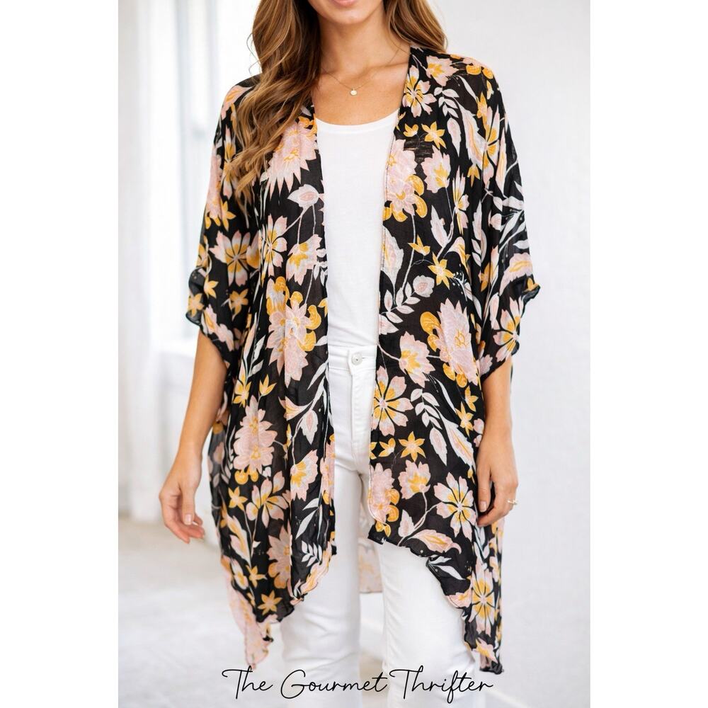 Shiraleah Chicago Floral Kimono Duster Sheer Boho Black Pink Gold S/M